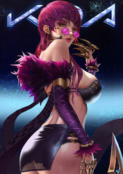 adjusting_eyewear adjusting_glasses alternate_costume evelynn highres idol k/da_evelynn k/da_series league_of_legends liebeloss_.lex lipstick looking_over_eyewear looking_over_glasses pink-tinted_eyewear revealing_clothes sunglasses tagme tinted_eyewear rating:Questionable score:133 user:jindermaballz