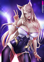 1girls abs ahri alternate_costume big_breasts blonde_hair breasts cleavage female female_only k/da_ahri k/da_series large_breasts league_of_legends lipstick lord_dominik solo text url v watermark rating:Safe score:125 user:justausername