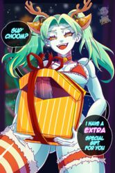  1futa 2d anime anime_style bell bikini blue_skin choker christmas cyberpunk:_edgerunners deer_ears deer_horns dick_in_a_box english_text female female_only futa_only futanari green_hair grin long_hair long_nails looking_at_viewer rebecca_(edgerunners) text_bubble umi_cumie_umi  rating:explicit score: user:umicumieumi