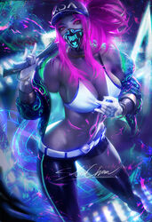 1girls akali alternate_costume breasts cleavage female female_only k/da_akali k/da_series league_of_legends looking_at_viewer pinup sakimichan solo rating:Questionable score:197 user:justausername