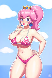 1girls alternate_hair_color beach bikini blue_eyes breasts cleavage cloud cowboy_shot crown day earrings female female_only hand_on_hip human human_only index_finger_raised large_breasts long_hair looking_at_viewer mario_(series) nail_polish navel nintendo ocean outdoors pink_bikini pink_hair pink_nails ponytail pose princess_peach rizdraws sky solo standing swimsuit thick_thighs thighs tied_hair water rating:Questionable score:282 user:Vendan