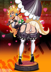 1girls amiibo arched_back ass bare_shoulders bent_over big_ass black_legwear blush bowsette breasts bridal_gauntlets cameltoe clothed crown dress dress_lift earrings female female_only finger_to_mouth from_behind garter_belt genderswap heart heart-shaped_pupils heart_eyes high_heels highres humanoid kogeikun large_ass large_breasts looking_at_viewer looking_back mario_(series) new_super_mario_bros._u_deluxe nintendo open_mouth panties pantyshot smile solo symbol-shaped_pupils tail thighhighs thong umbrella rating:Explicit score:125 user:kinnikuman