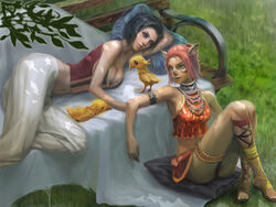  2girls adventurer_(ff11) animal_ears arm_garter armband bare_shoulders bench black_hair breasts chicobo cleavage collarbone commentary_request final_fantasy final_fantasy_xi hume jewelry large_breasts lying medium_breasts midriff mithra_(ff11) multiple_girls navel necklace numi pillow red_hair short_hair sitting thighlet  rating:safe score: user:bot