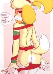 2018 animal_crossing anthro ass blush canine clitoris dialogue female fur furry heart highres isabelle_(animal_crossing) mammal nintendo nude panties panties_down pussy raydio shih_tzu simple_background smile solo text underwear white_fur yellow_fur rating:Explicit score:230 user:bot