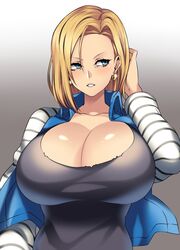 1girls android_18 blonde_hair blue_eyes breasts busty camui_kamui cleavage curvy dragon_ball female female_only hoop_earrings huge_breasts milf short_hair solo thick_lips voluptuous wide_hips rating:Explicit score:528 user:pork