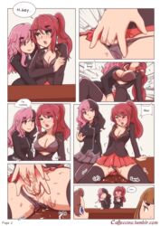 2girls black_hair black_legwear black_panties blazer breasts caffeccino classroom cleavage clothed comic dialogue english_text female female_orgasm fingering fingering_partner large_breasts long_hair neo_(rwby) orgasm panties_aside pantyhose pink_hair ponytail pussy pussy_juice pyrrha_nikos red_hair rwby school_uniform stealth_sex text thighhighs two-tone_hair unbuttoned yuri rating:Explicit score:350 user:kikimaru024