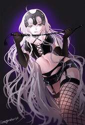 abs alternate_costume black_gloves black_skirt breasts cleavage dark_persona dominatrix elbow_gloves fate/grand_order fate_(series) female_only fishnet_legwear fishnets garter_belt gloves groin headpiece jeanne_alter large_breasts licking_lips lingerie long_hair looking_at_viewer microskirt riding_crop skin_tight skirt solo sushimaro text tongue tongue_out twitter_username underwear very_long_hair watermark whip white_hair wide_hips yellow_eyes rating:Questionable score:76 user:*JeanneAlter*