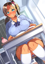 1boy 1girls blazer blonde_hair blush book bow bowtie breasts censored chair choukyou!_sekkan!_maji_kutsujoku!_aashi_bitch_ni_ochitan_dakedoo classroom dark_skin desk egg_vibrator erect_nipples erect_nipples_under_clothes female green_eyes gyaru highres indoors jacket large_breasts legs legs_together long_hair looking_at_viewer mosaic_censoring no_panties parted_lips ponytail pussy school_uniform sela_god short_ponytail sitting skirt solo_focus thighs tied_hair upskirt vibrator rating:Explicit score:57 user:bot