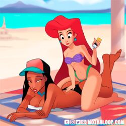 2018 2girls animated animated_gif ariel ass bare_shoulders barefoot beach bikini black_hair bouncing_breasts breast_press breast_squish breasts bubble_butt crossover dark-skinned_female dark_skin disney disney_princess earrings female_only gif half-closed_eyes human human_form jewelry kneeling large_breasts long_hair looking_back looking_pleasured loop lotion moikaloop multiple_girls native_american navel no_bra on_front on_stomach outdoors pocahontas pocahontas_(character) red_hair rubbing smile straddling sunscreen suntan_lotion swimsuit the_little_mermaid the_little_mermaid_(1989_film) topless very_long_hair rating:Explicit score:227 user:Freezer88