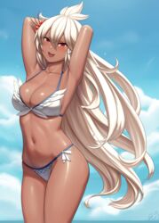 armpits arms_up bikini blonde_hair cleavage dark-skinned_female dark_skin female granblue_fantasy large_breasts long_hair lvl red_eyes solo standing zooey_(granblue_fantasy) rating:Questionable score:67 user:chooped