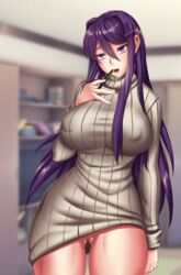 1girls ass big_breasts breasts clothed clothing doki_doki_literature_club dokiyuri dress erect_nipples erection_under_clothes eyebrows_visible_through_hair eyes fat_ass female female_only hair_ornament hand_on_breast human large_breasts legs_together long_hair open_mouth pen poking_out purple_eyes purple_hair sweater thick thick_thighs turtleneck wide_hips yuri_(doki_doki_literature_club) rating:Questionable score:357 user:Legpeoplearehot