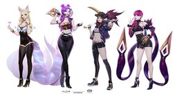 4girls ahri akali alternate_costume blonde_hair brown_hair cap cleavage evelynn female fox_ears k/da_ahri k/da_akali k/da_evelynn k/da_kai'sa k/da_series kai'sa league_of_legends lipstick long_hair official_art pink_hair ponytail purple_hair standing tail zeronis rating:Safe score:141 user:chooped