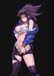 1girls akali alternate_costume areolae big_breasts blush breasts cap choker cleavage female female_only k/da_akali k/da_series large_breasts league_of_legends lipstick microphone nipples pd ponytail presenting_breasts purple_eyes purple_hair ripped_clothing solo standing strapless strapless_top strapless_topwear thick_thighs thighs torn_clothes tubetop undressing rating:Explicit score:228 user:chooped