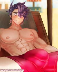 beach blue_hair blush bulge chysa_art gay honkai:_star_rail honkai_(series) laying_down male muscles muscular sampo_(honkai_star_rail) smile sunbathing swimsuit underwear rating:Questionable score:23 user:chysa_art