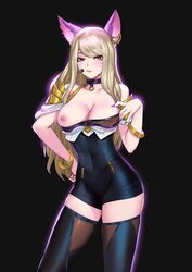 1girls ahri alternate_costume animal_ears areolae big_breasts blonde_hair breasts breasts_out female k/da_ahri k/da_series large_breasts league_of_legends lipstick long_fingernails long_hair nipple_slip nipples orange_eyes pd pink_nails solo standing thick_thighs thighhighs thighs_grab rating:Explicit score:219 user:chooped