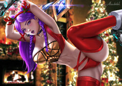 1girls alexander_dinh alternate_costume arms_up bondage breasts christmas cleavage female female_only fuzzy_handcuffs hairband handcuffs headband k/da_kai'sa k/da_series kai'sa large_breasts league_of_legends lipstick navel open_mouth panties purple_eyes purple_hair purple_lipstick red_panties sex_machine spread_legs thighhighs rating:Safe score:140 user:alexander_dinh