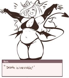 bikini breasts drawn gyarusatan horns slightly_chubby smile succubus text thick_thighs wide_hips wings rating:Questionable score:57 user:punkmaster