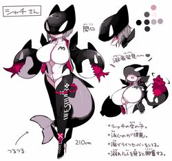  breasts commentary_request covered_eyes female highres large_breasts mato_tsuyoi monster_girl multiple_views oerba_yun_fang open_hands open_mouth orca original reference_sheet sharp_teeth teeth white_background  rating:safe score: user:bot