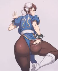 1girls ass blue_panties blue_underwear bracelet brown_eyes brown_hair bubble_butt chun-li earring earrings female female_only hair_bun human large_breasts looking_at_viewer looking_back metal_owl pantyhose solo spiked_bracelet spread_ass spread_legs spreading street_fighter thick_thighs thighs rating:Questionable score:454 user:Anonymous77