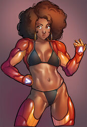 1girls abs afro armor belly_button big_lips bikini black_bikini breasts brown_eyes brown_hair brown_skin cleavage clothed cowboy_shot dark-skinned_female dark_skin earrings eyelashes female female_only front_view gradient_background hair hand_on_hip hoop_earrings human human_only iron_man_(series) ironheart large_breasts marvel marvel_comics midriff navel open_eyes ph plain_background power_armor riri_williams sideboob solo solo_female standing swimsuit thighhighs toned rating:Safe score:119 user:SolemnTagger