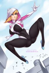 1girls ange1witch blonde_hair blue_eyes bodysuit cameltoe erect_nipples_under_clothes female female_only gwen_stacy hood large_breasts marvel solo spider-gwen spider-man_(series) tight_clothing rating:Questionable score:325 user:chooped