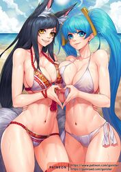 ahri beach big_breasts bikini black_hair blue_eyes blue_hair breast_press cleavage cyrvy fox_ears gonster heart league_of_legends navel pool_party smile sona_buvelle twintails vastaya wet yellow_eyes rating:Safe score:129 user:jindermaballz