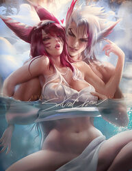 breast_grab couple fur heart hot_spring league_of_legends rakan red_hair sakimichan snow towel underwear water white_hair xayah rating:Questionable score:145 user:ahrigato