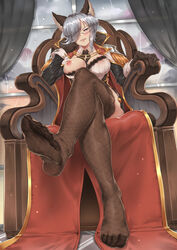 1girls animal_ears big_breasts blouse blush breasts cleavage dominatrix eyelashes eyeliner feet female female_only femdom fishnets freesia_von_bismarck glasses gloves granblue_fantasy hair_over_one_eye head_rest legs_crossed lingerie lipstick looking_at_viewer makeup medium_hair nipples nipples_visible_through_clothing no_shoes one_breast_out parted_lips pov pov_feet sheer_legwear shirt silver_eyes silver_hair smile soles stockings throne rating:Explicit score:94 user:bot