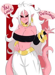 ´ 1girls 2010s android_21 black_sclera breasts clothed curvaceous dark_persona dragon_ball dragon_ball_fighterz earrings english_text female humanoid jinu large_breasts long_hair majin majin_android_21 monster_girl pants pink_skin pointy_ears red_eyes speech_bubble tail tubetop white_hair rating:Explicit score:138 user:TheRedMaverick