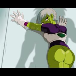 1girls alien_girl ass breasts broly cheelai dragon_ball dragon_ball_super female gloves green_skin humanoid looking_back nala1588 purple_eyes pussy shadow short_hair size_difference wall white_hair rating:Explicit score:120 user:MiaCaulifla