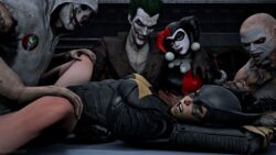 2girls 3boys 3d barbara_gordon batgirl batgirl_(arkham_knight) batman:_arkham_knight batman:_arkham_origins batman_(series) closed_eyes dc dc_comics deathhandsfm female female_focus hand_on_leg harley_quinn harley_quinn_(arkham) harley_quinn_(arkham_knight) harley_quinn_(classic) joker multiple_boys multiple_girls rape the_joker rating:Explicit score:80 user:omglolguy32