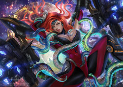 alexander_dinh armpits arms_up blue_light bodysuit bound breasts circlet female futuristic gloves glowing green_eyes gun_goddess_miss_fortune large_breasts league_of_legends long_hair miss_fortune red_bodysuit red_hair red_lips red_lipstick restrained science_fiction skin_tight space spread_legs steel_valkyries_series tentacle rating:Questionable score:54 user:alexander_dinh