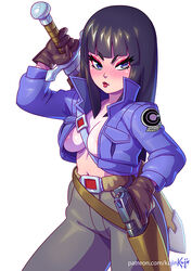 1girls areola_slip black_hair blue_eyes blush breasts cleavage cosplay dragon_ball dragon_ball_(classic) dragon_ball_z eyeshadow female female_only handgun holstered_weapon jacket kajinman lipstick long_hair looking_at_viewer mai_(dragon_ball) makeup no_bra red_lipstick solo sword trunks_briefs_(cosplay) rating:Questionable score:192 user:justausername