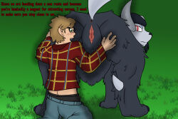  absol anus ass black_body black_fur black_hair brown_hair canid canine closed_mouth female feral fur generation_3_pokemon genitals horn human human_on_feral looking_back male mammal nintendo noblebrony317 pokemon pokemon_(species) pussy red_eyes tail  rating:explicit score: user:bot