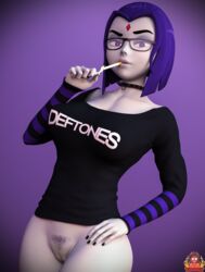 1girls 3d 3d_(artwork) black_nails bottomless breasts cigarette cleavage dc dc_comics female female_only forehead_jewel forsaken_(artist) glasses goth looking_at_viewer pubic_hair purple_eyes purple_hair pussy rachel_roth raven_(dc) smoking solo teen_titans rating:Explicit score:181 user:justausername