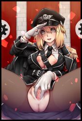 1girls anus areolae armband banner belt between_breasts black_border black_necktie black_neckwear blouse border breasts brick_wall cleavage collared_shirt epaulettes female female_masturbation female_only fingering german germany gloves grey_eyes hat heart heart-shaped_pupils high_resolution human human_only jacket jacket_on_shoulders large_breasts light-skinned_female light_skin lips long_hair looking_at_viewer masturbating masturbation military military_uniform mole mole_under_eye nazi necktie necktie_between_breasts nipple_slip nipples open_clothes open_mouth open_shirt original pantyhose peaked_cap pussy round_teeth salute shirt short_hair sitting skull smile solo spread_legs spread_pussy swastika symbol-shaped_pupils teeth torn_clothes torn_pantyhose uncensored uniform white_gloves wing_collar yin-ting_tian rating:Explicit score:326 user:bot