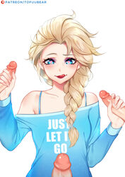 blonde_hair blue_eyes braid disney disney_princess double_handjob elsa_(frozen) erection eyeshadow female foursome frozen_(film) handjob heart-shaped_pupils licking_lips male penis ralph_breaks_the_internet straight tofuubear rating:Explicit score:210 user:justausername