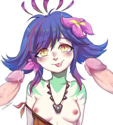 1girls 2boys blue_hair blush breasts cum cum_on_face female flower hair_flower league_of_legends looking_at_viewer maxin mmf_threesome neeko nipples penis riot_games short_hair simple_background small_breasts tongue tongue_out yellow_eyes rating:Explicit score:76 user:MiaCaulifla