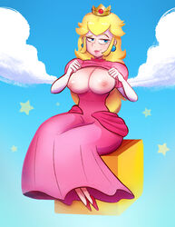 1girls absurdres areolae bangs blonde_hair blue_eyes breasts breasts_out cleavage cloud clouds crown curvy dress earrings elbow_gloves eyelashes female female_only flashing flashing_breasts footwear front_view full_body gloves half-closed_eyes highres hotkeke human large_breasts lipstick long_hair mario_(series) nintendo nipples outdoors pink_dress pink_lipstick presenting_breasts princess princess_peach royalty shoes sidelocks sitting sky smile solo stars super_mario_bros. very_long_hair rating:Questionable score:69 user:SolemnTagger