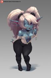 blonde_hair blue_skin breasts cleavage cutesexyrobutts female female_only league_of_legends looking_at_viewer nipples_visible_through_clothing poppy riot_games shortstack solo thick_thighs yordle rating:Questionable score:273 user:justausername