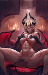 1girls absurdres artist_name bat_wings blonde_hair breasts clitoris covering_breasts curvy cutesexyrobutts demon demon_girl demon_tail demon_wings earrings female female_only green_eyes highres horns huge_breasts jewelry large_breasts long_hair looking_at_viewer navel nipple_slip nipples original original_character pointy_ears pussy signature sitting solo succubus tagme tail thick_thighs wings rating:Explicit score:274 user:chooped