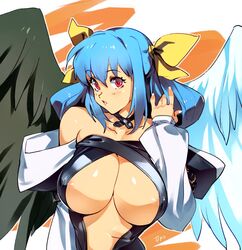 1girls areola_slip areolae blue_hair breasts choker cleavage detached_sleeves dizzy_(guilty_gear) female female_only guilty_gear large_breasts looking_at_viewer nipples_visible_through_clothing optionaltypo red_eyes revealing_clothes solo winged_humanoid wings rating:Questionable score:120 user:Zomdra