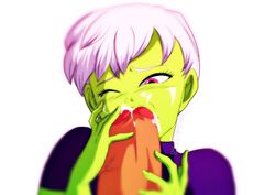 1boy 1girls alien alien_girl big_penis breasts cheelai cum_in_mouth dragon_ball dragon_ball_super fellatio female green_skin huge_penis human humanoid interspecies male_human/female_alien male_human/female_humanoid male_pov nala1588 oral penis pov short_hair white_hair rating:Explicit score:66 user:EternalFall45