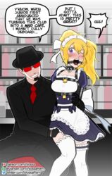 1boy 1girls armbinder arms_behind_back blonde_hair bondage female femsub forced fully_clothed gag groping maid_uniform male maledom open_mouth_gag purple_eyes reluctant ring_gag rwby stockings wossarem yang_xiao_long rating:Explicit score:169 user:StockUsername