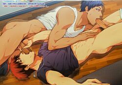 2boys 69 69_position abs aomine_daiki blowjob blue_hair bottomless brown_eyes brown_hair chinese_text cock_gobble cock_hungry cum_hungry gay giving_head going_down_on holding_penis kagami_taiga knob_polishing kuroko_no_basuke looking_at_viewer male male_only mouth_full_of_cock mouthful multiple_boys muscles muscular mutual_fellatio necklace oral oral_sex outstretched_arm pants_around_one_leg penis_in_mouth saliva_on_penis sex shirt_up sucking_off t-shirt tank_top two_tone_hair violet_eyes yaoi zawar379 rating:Explicit score:46 user:DoggyStyle