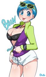 1girls ass big_breasts black_bra blue_eyes blue_hair blush bra breasts bulma_briefs cleavage clothed dragon_ball dragon_ball_super eyelashes female female_only human lightsource lipstick looking_at_viewer midriff milf mother necklace pink_lipstick shirt short_hair short_shorts shorts solo sound_effects standing sunglasses teasing text tongue tongue_out watch watermark white_background wide_hips zipper rating:Questionable score:220 user:Freezer88