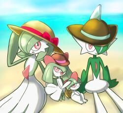  beach bow bowl_cut brown_hat colored_skin dress evolutionary_line gallade gardevoir green_skin hair_over_one_eye hat hat_bow horns kirlia looking_at_viewer monya multicolored_skin pink_eyes pokemon pokemon_(creature) ralts sidelocks sitting smile two-tone_skin white_dress white_skin  rating:questionable score: user:bot