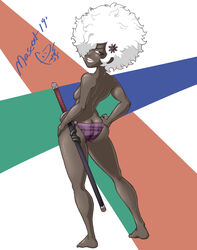 afro artist_name artist_signature ass back back_view bare_shoulders barefoot big_lips breasts dark-skinned_female dark_skin flower flower_in_hair grin hair_over_one_eye hands_on_hips hips katana lips nintendo nintendo_switch no_more_heroes panties partially_clothed pixiv purple_eyes shinobu_jacobs sideboob sword thighs underwear waist white_hair rating:Explicit score:15 user:deleted104211