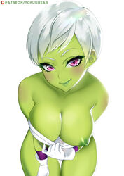 1girls alien alien_girl areolae battle_armor big_breasts blush breasts cheelai dragon_ball dragon_ball_super elastic_armor female female_only gloves green_skin hanging_breasts humanoid large_breasts leaning_forward looking_at_viewer nipples short_hair solo text thick_thighs thigh_gap tofuubear url watermark white_hair wide_hips rating:Questionable score:345 user:justausername