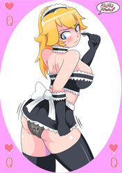 1girls areola_slip areolae ass black_gloves black_panties blonde_hair blue_eyes blush breasts card_(medium) clothing enmaided female female_only gloves hair long_hair looking_back maid maid_uniform mario_(series) midriff nintendo panties princess princess_peach redradrebel revealing_clothes simple_background solo standing thighhighs thighs underwear uniform video_games rating:Questionable score:74 user:EdgySexy